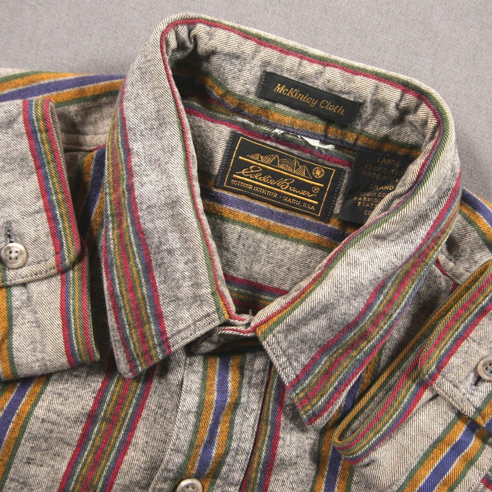 VTG USA Eddie Bauer McKinley Cloth Striped Heavy Flannel Men Shirt L Retro Cabin